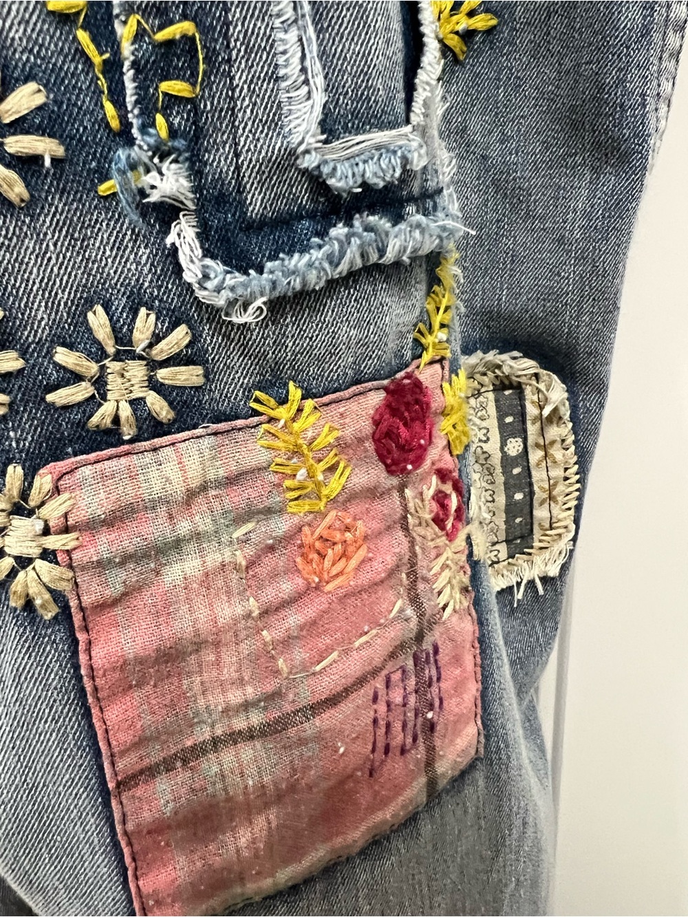 Blue Velvet Fun and Funky Overalls with Colorful Embroidery and Patchwork. - Picture 8 of 10